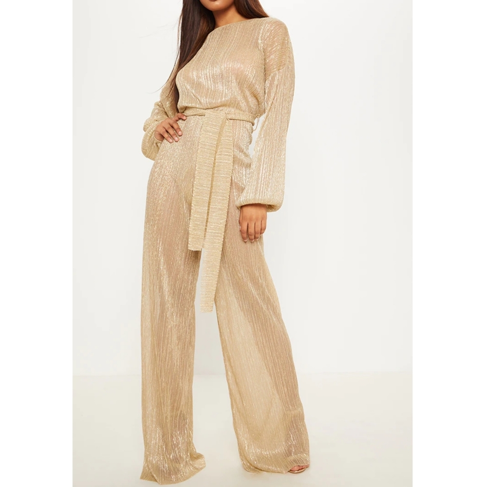 🎀NWT🎀 PrettyLittleThing Tall Gold Metallic Sheer Pleated Tie Waist Jumpsuit.